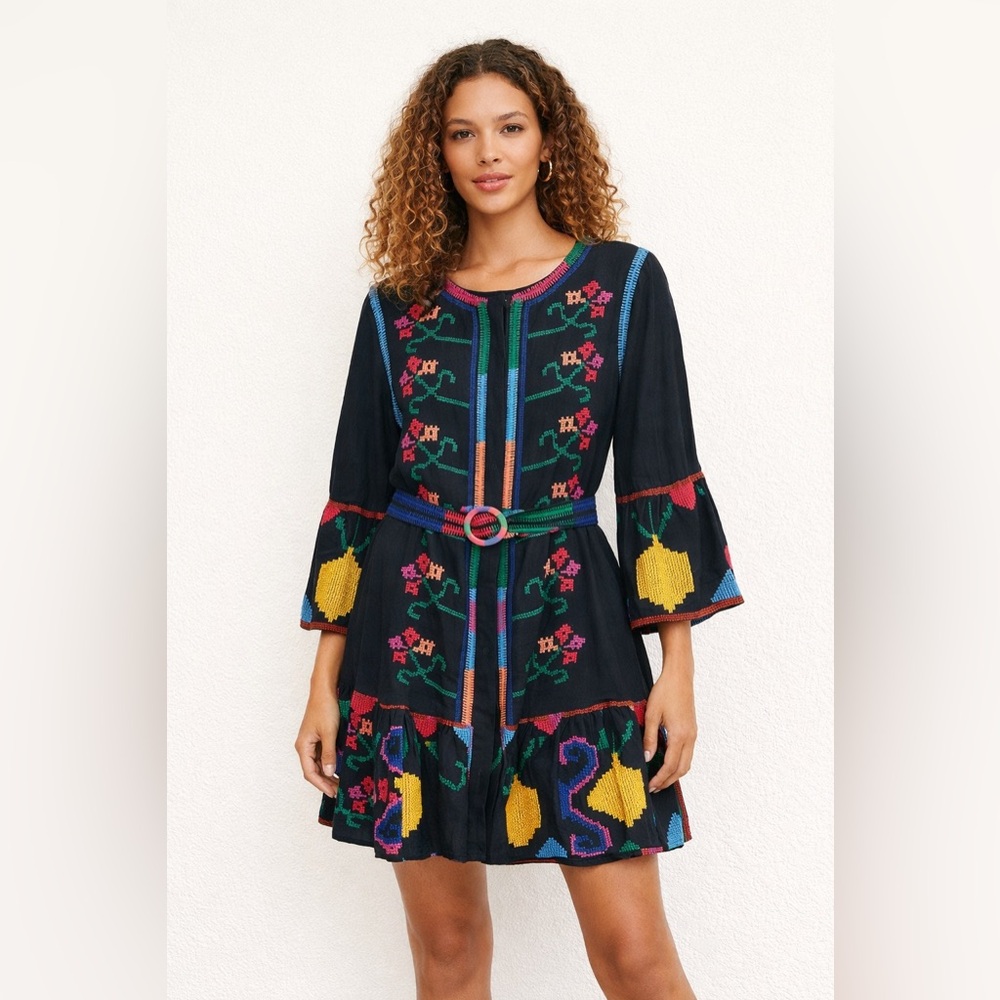 Farm Rio Embroidered Cotton Mini Dress XL | Black Boho Floral Belted